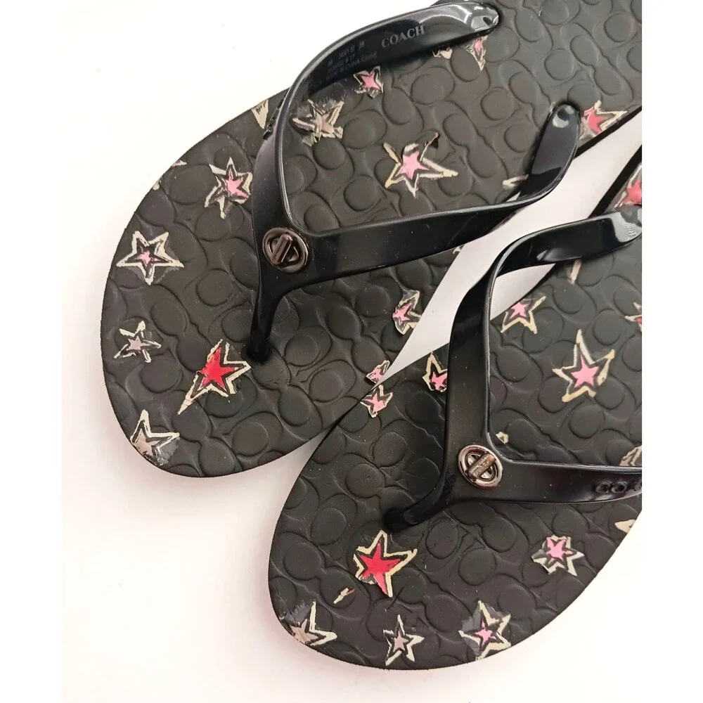 Coach Abbigail Turnlock Flip Flops Black C Logo Embossed Insole w Stars Sz 9 - Picture 3 of 9